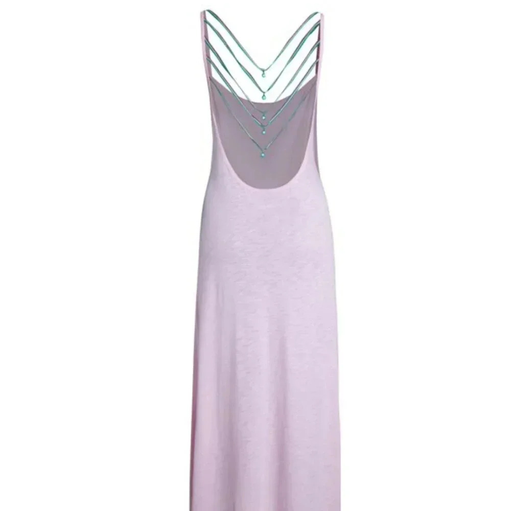 Pitusa Dress Maxi Long Backless Evil Eye Beaded Cotton Pullover Light Pink Os
